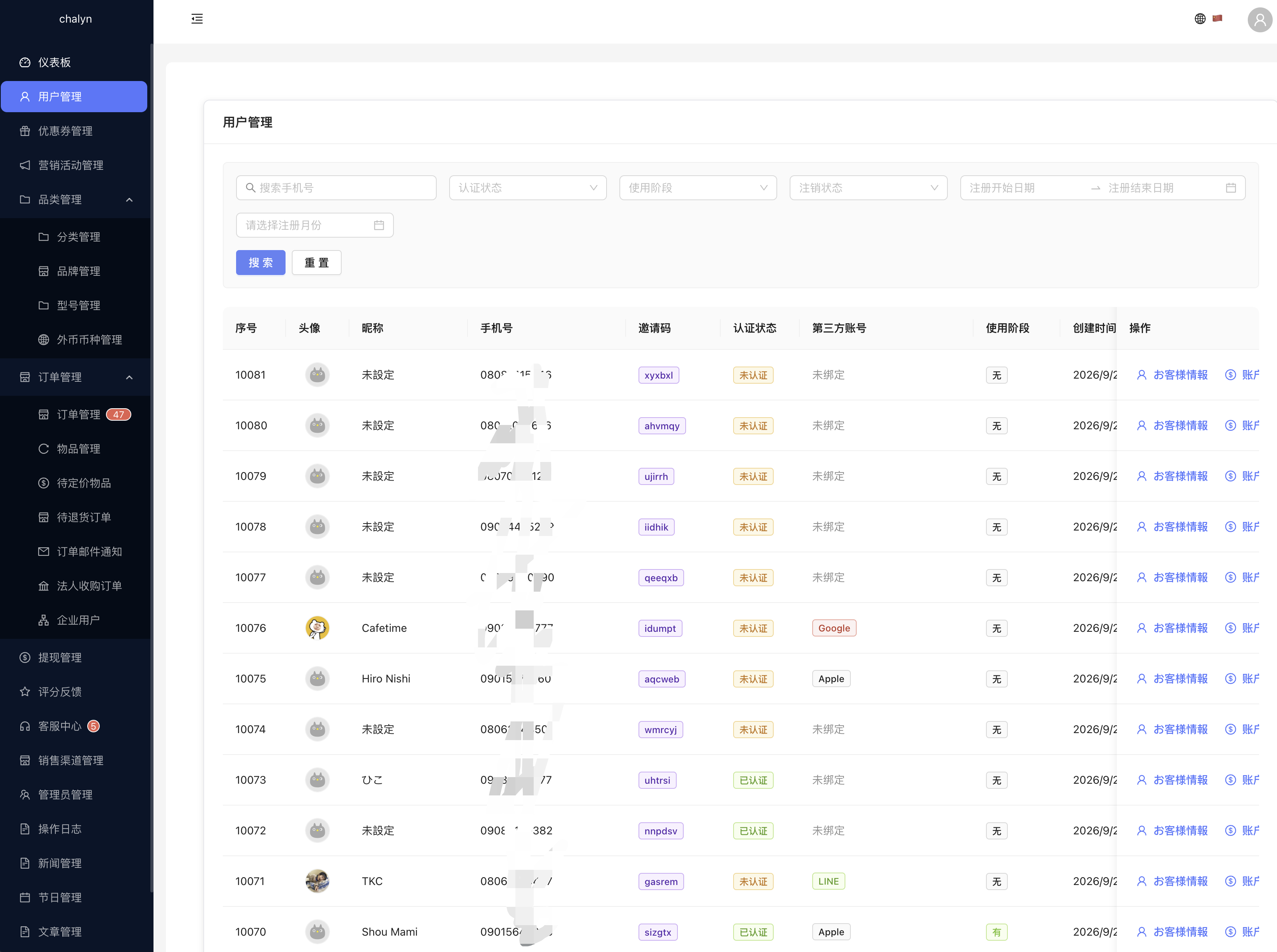 Chalyn 管理后台 用户管理列表